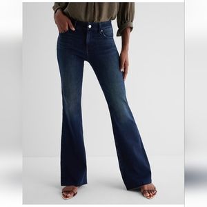 Express Mid Rise Dark Wash Raw Hem FlexX '70s Flare Jeans